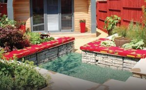 Stylish garden gabions used for a trendy garden bench design.